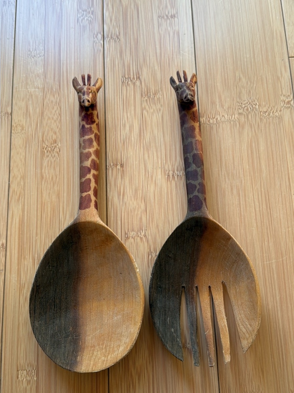 Vintage African Hand Carved Wood Giraffe Salad Spoon & Fork Utensil Set